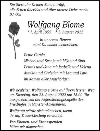 Anzeige von Wolfgang Blome 