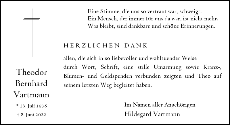  Traueranzeige für Theodor Vartmann vom 13.08.2022 aus 