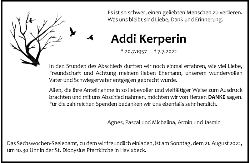  Traueranzeige für Addi Kerperin vom 13.08.2022 aus 
