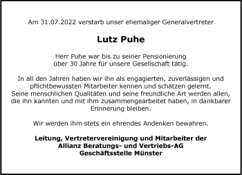 Anzeige von Lutz Puhe 