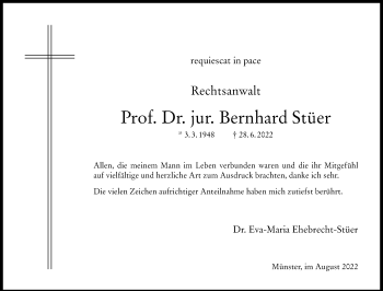 Anzeige von Bernhard Stüer 