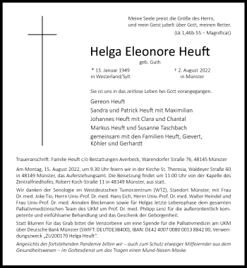 Anzeige von Helga Eleonore Heuft 
