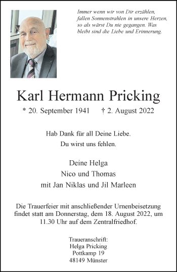 Anzeige von Karl Hermann Pricking 