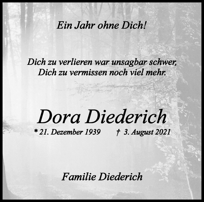  Traueranzeige für Dora Diederich vom 03.08.2022 aus 