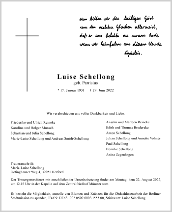 Anzeige von Luise Schellong 