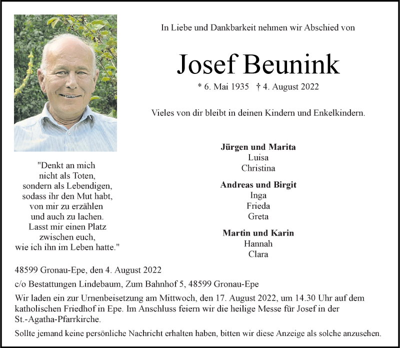  Traueranzeige für Josef Beunink vom 10.08.2022 aus 