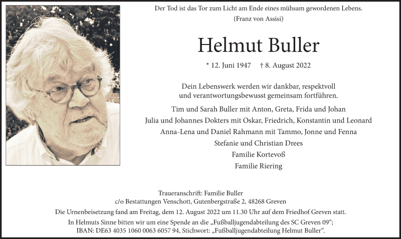  Traueranzeige für Helmut Buller vom 13.08.2022 aus 