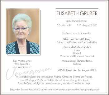 Anzeige von Elisabeth Gruber 