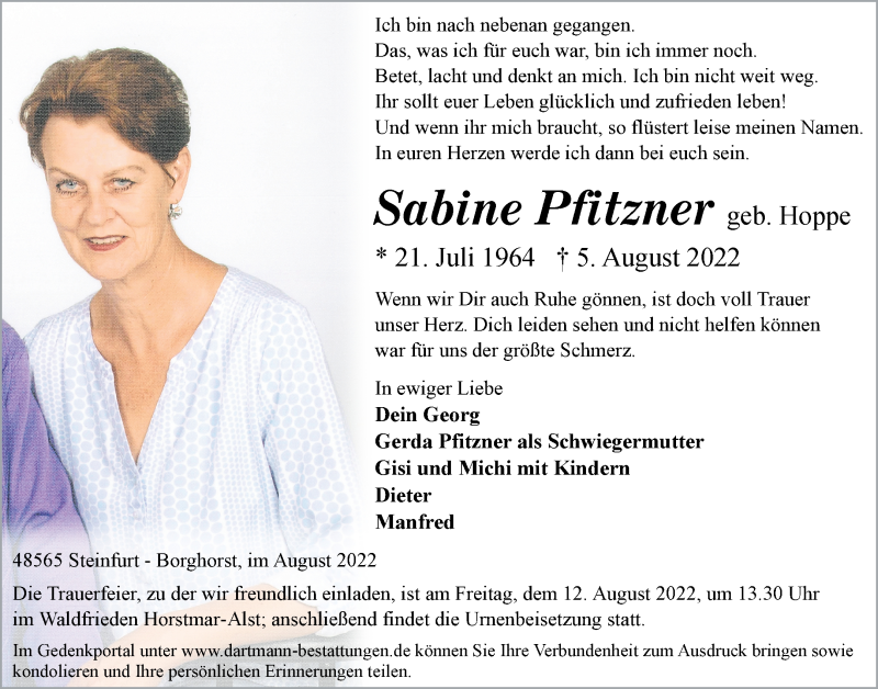  Traueranzeige für Sabine Pfitzner vom 10.08.2022 aus 