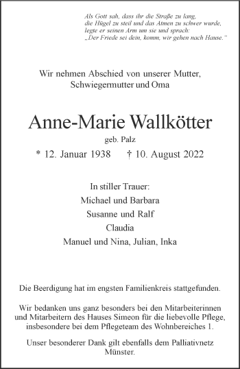 Anzeige von Anne-Marie Wallkötter 