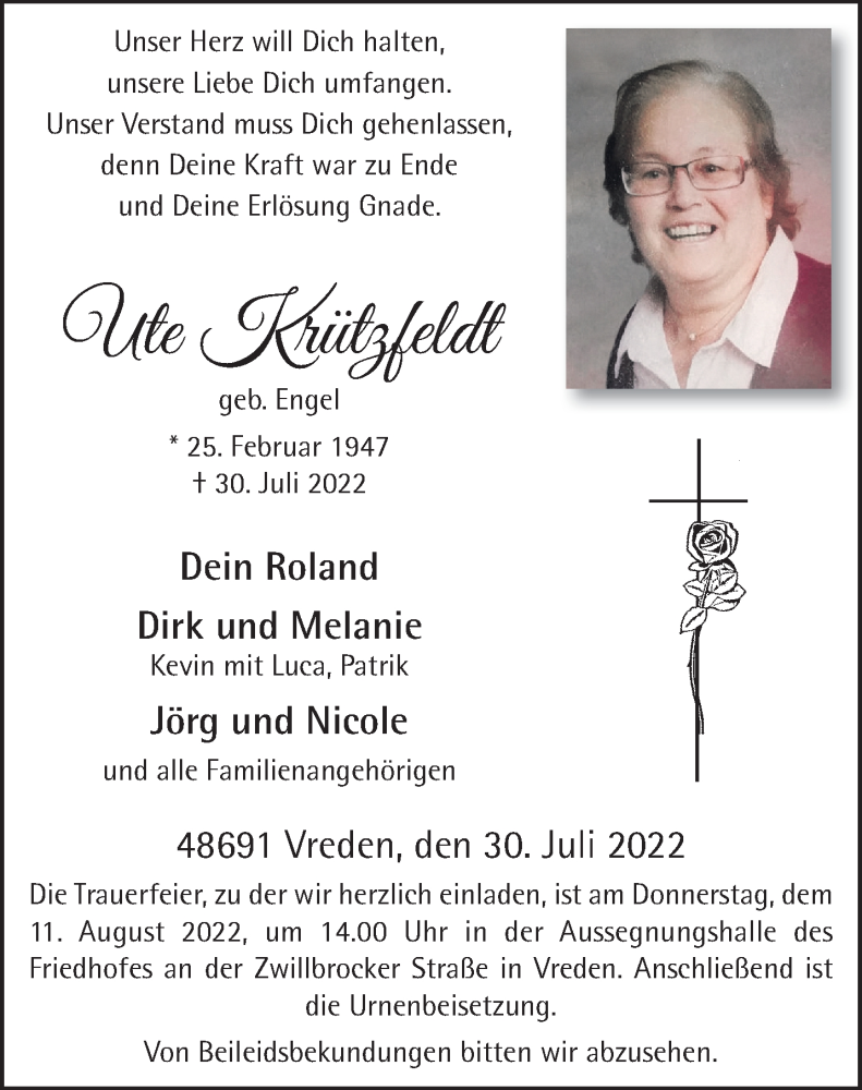  Traueranzeige für Ute Krützfeldt vom 03.08.2022 aus 