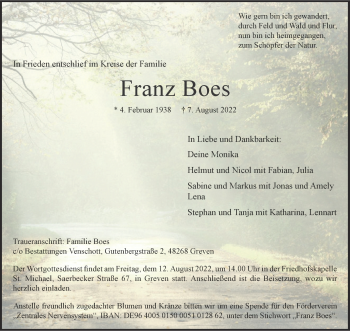 Anzeige von Franz Boes 