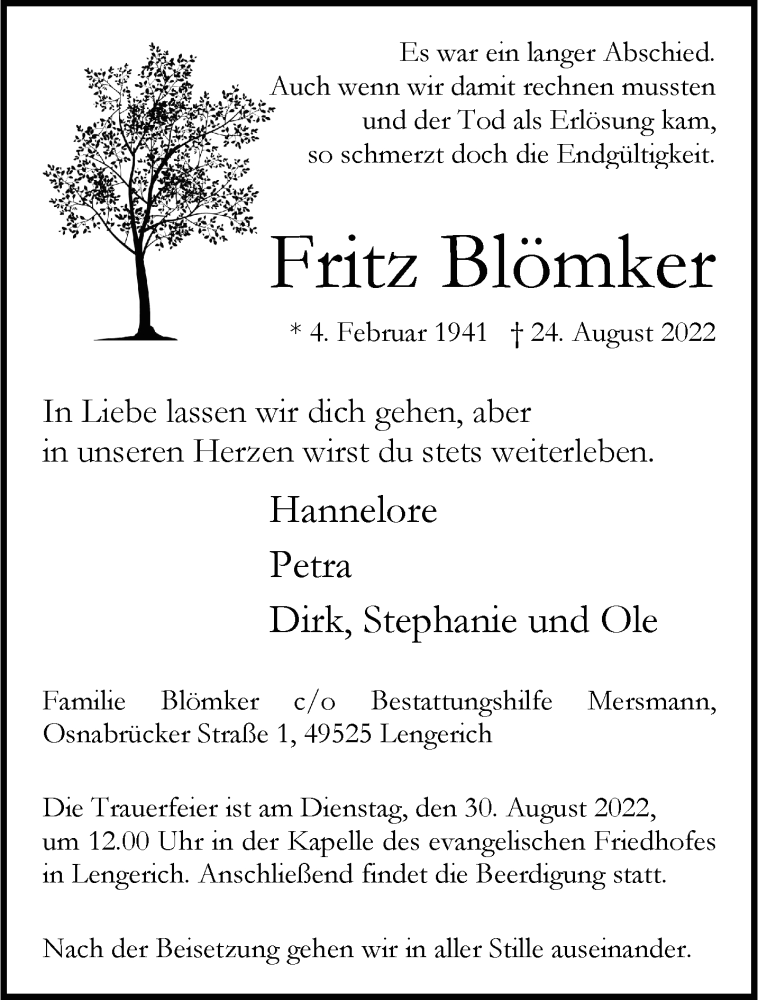  Traueranzeige für Fritz Blömker vom 27.08.2022 aus 
