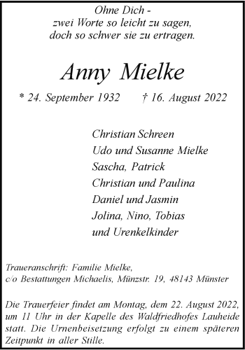Anzeige von Anny Mielke 