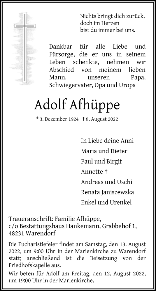  Traueranzeige für Adolf Afhüppe vom 11.08.2022 aus 