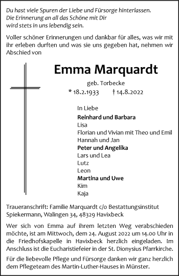 Anzeige von Emma Marquardt 