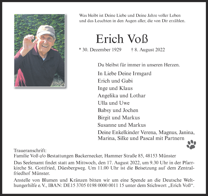  Traueranzeige für Erich Voß vom 13.08.2022 aus 