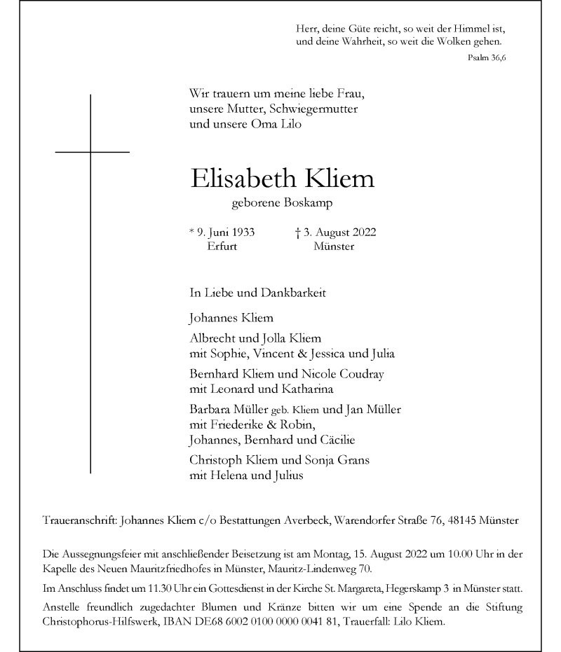  Traueranzeige für Elisabeth Kliem vom 06.08.2022 aus 