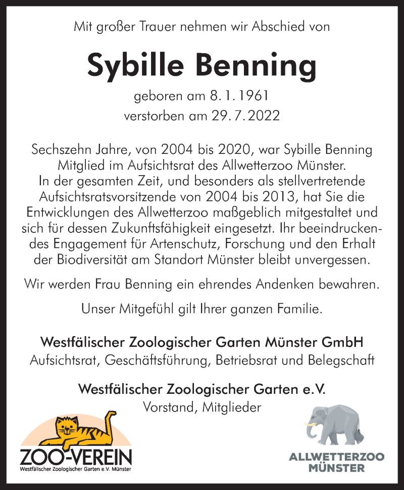  Traueranzeige für Sybille Benning vom 06.08.2022 aus 