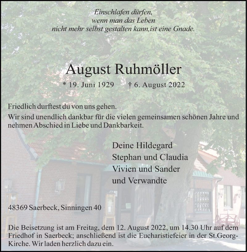  Traueranzeige für August Ruhmöller vom 10.08.2022 aus 