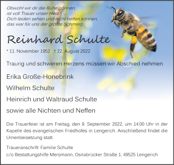 Anzeige von Reinhard Schulte 