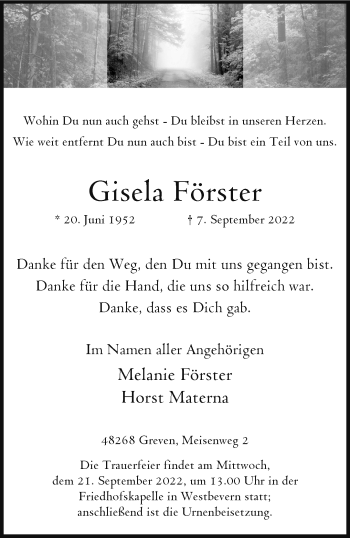 Anzeige von Gisela Förster 