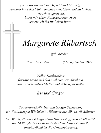Anzeige von Margarete Rübartsch 