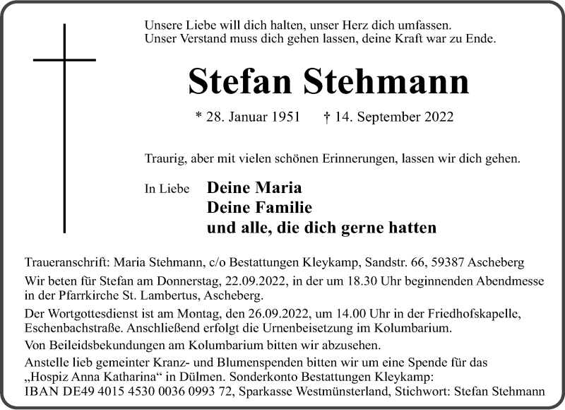  Traueranzeige für Stefan Stehmann vom 21.09.2022 aus 