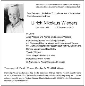 Anzeige von Ulrich Nikolaus Wiegers 