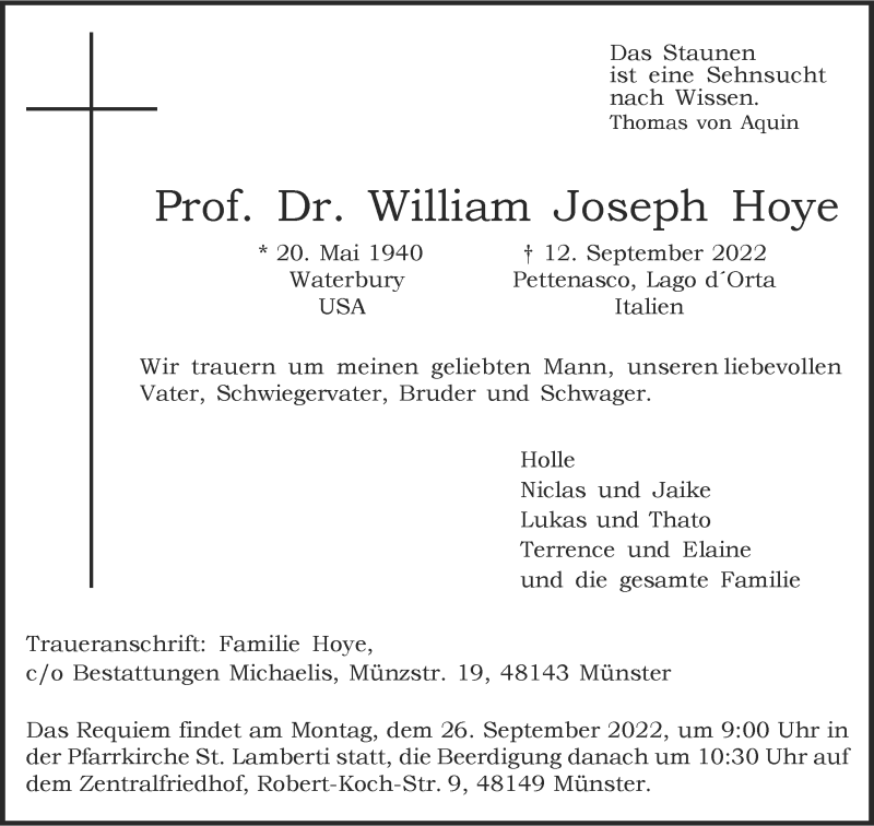  Traueranzeige für William Joseph Hoye vom 21.09.2022 aus 
