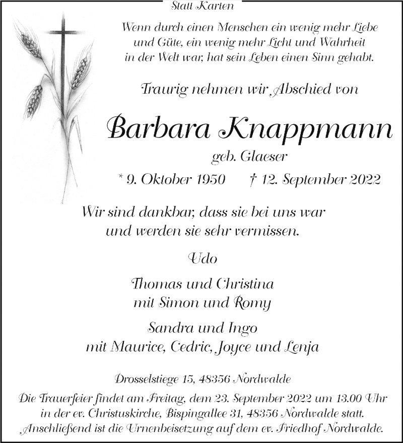  Traueranzeige für Barbara Knappmann vom 17.09.2022 aus 
