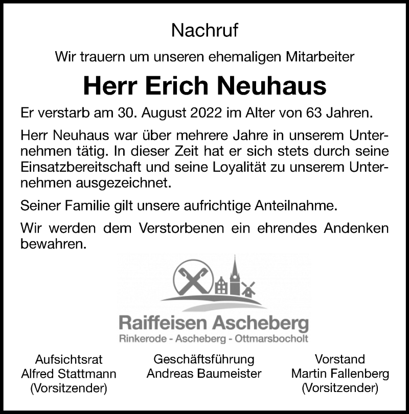  Traueranzeige für Erich Neuhaus vom 24.09.2022 aus 