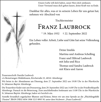 Anzeige von Franz Laubrock 