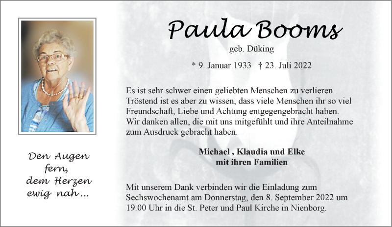  Traueranzeige für Paula Booms vom 03.09.2022 aus 