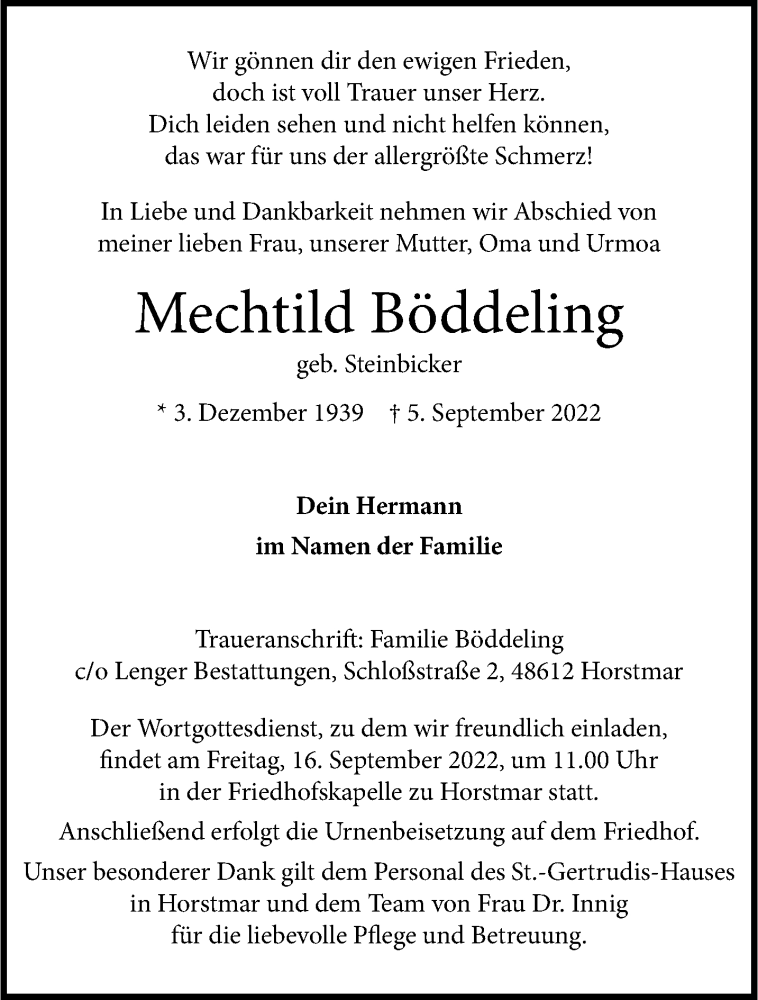  Traueranzeige für Mechtild Böddeling vom 10.09.2022 aus 