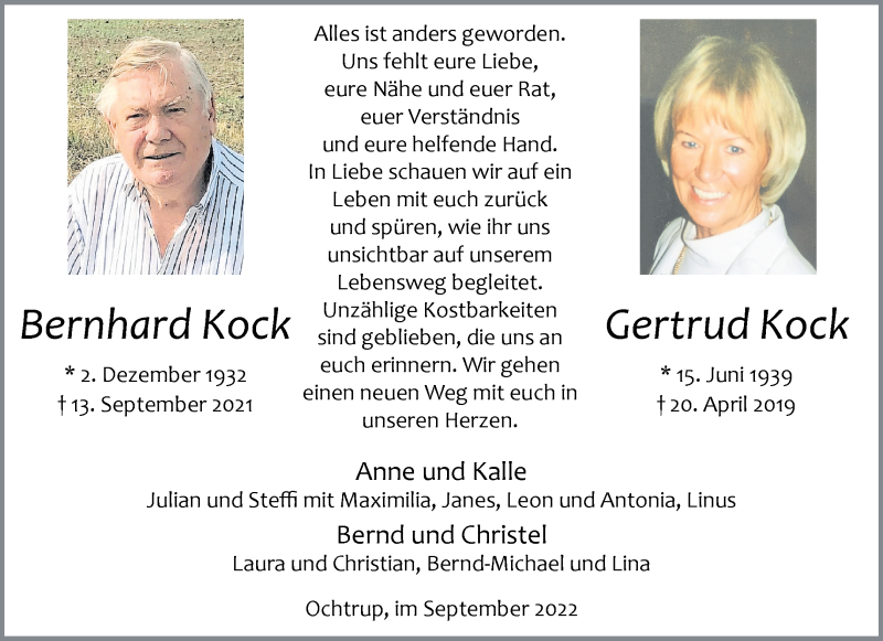  Traueranzeige für Gertrud Kock vom 14.09.2022 aus 
