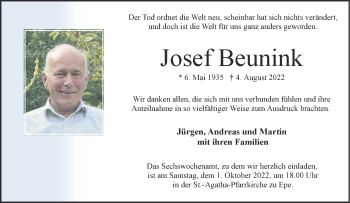 Anzeige von Josef Beunink 