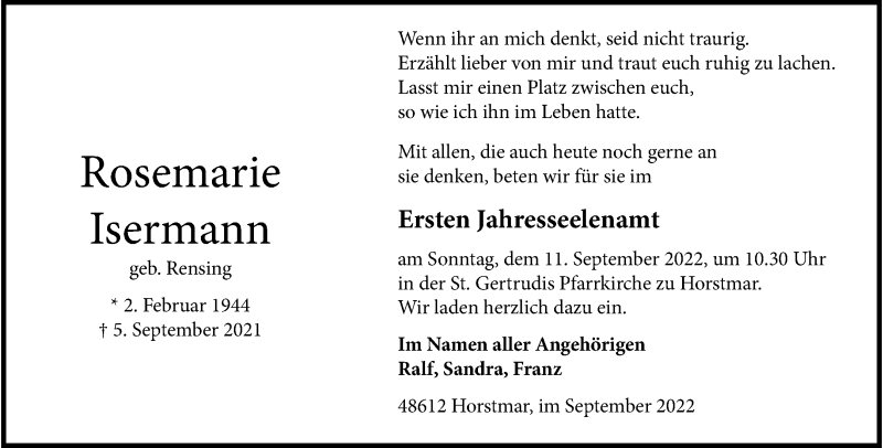  Traueranzeige für Rosemarie Isermann vom 07.09.2022 aus 