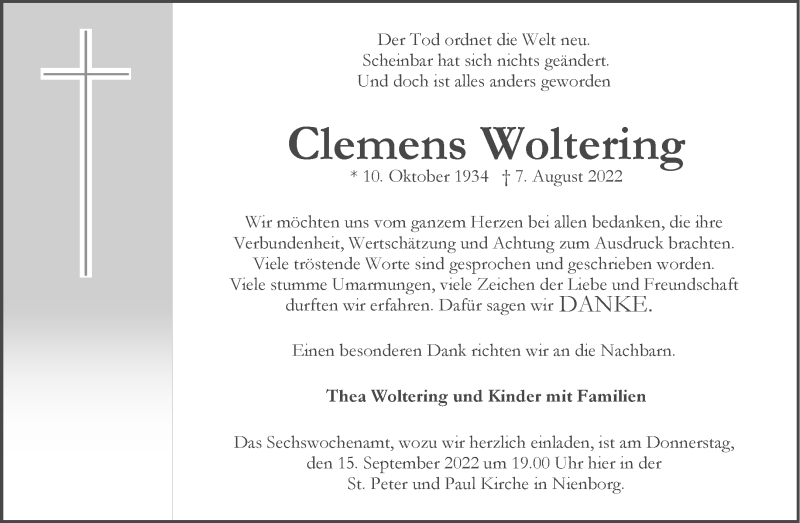  Traueranzeige für Clemens Woltering vom 07.09.2022 aus 