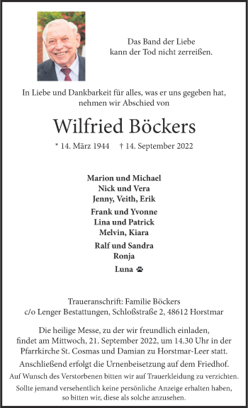 Anzeige von Wilfried Böckers 