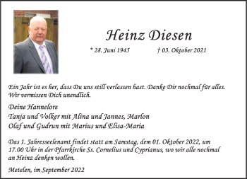 Anzeige von Heinz Diesen 