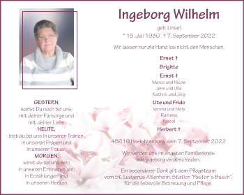 Anzeige von Ingeborg Wilhelm 