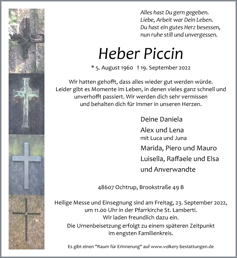  Traueranzeige für Heber Piccin vom 22.09.2022 aus 