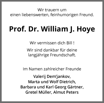 Anzeige von William Joseph Hoye 