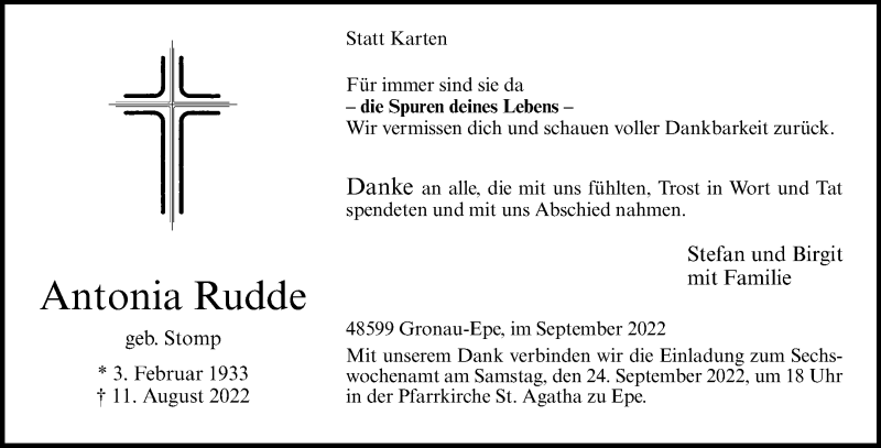  Traueranzeige für Antonia Rudde vom 17.09.2022 aus 
