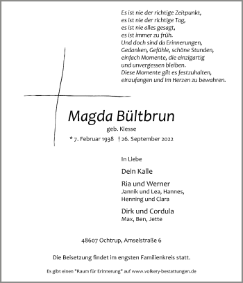 Anzeige von Magda Bültbrun 