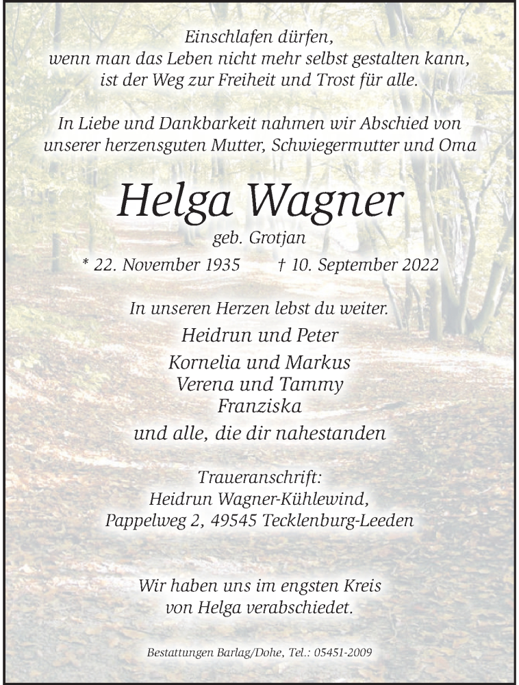  Traueranzeige für Helga Wagner vom 22.09.2022 aus 