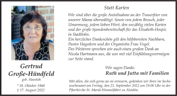 Anzeige von Gertrud Große-Hündfeld 