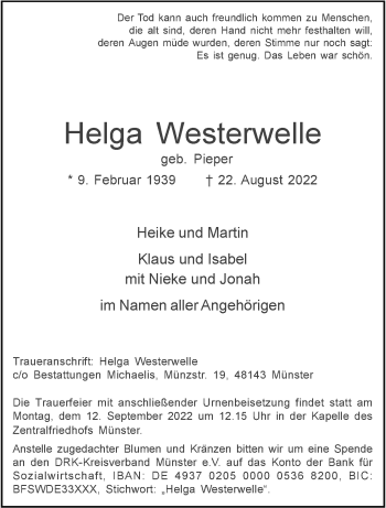 Anzeige von Helga Westerwelle 