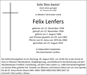 Anzeige von Felix Lenfers 